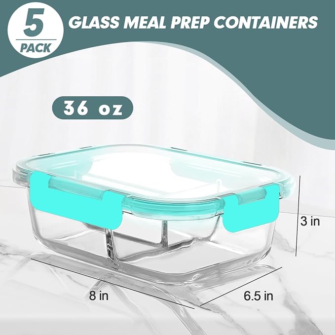 KOMUEE Glass Meal Prep Containers 3 Compartments, 5 Pack 36 oz, Glass Food - Image 4