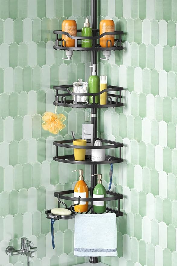 HAMITOR Corner Shower Caddy Tension Pole: Rustproof Stable 4-Tier Bathroom by HAMITOR