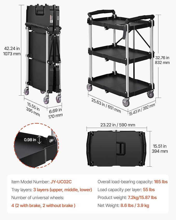 VEVOR Foldable Utility Service Cart, 165LBS 3 Shelf Heavy Duty Plastic Rolling - Image 8