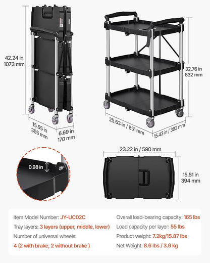 VEVOR Foldable Utility Service Cart, 165LBS 3 Shelf Heavy Duty Plastic Rolling - Image 8