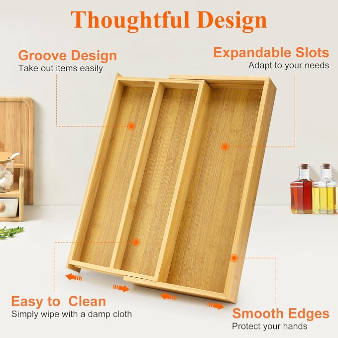 Large Bamboo Silverware Drawer Organizer Tray Kitchen Tool Drawer Divider - Image 6