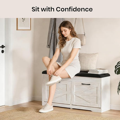 39" Shoe Storage Bench with Seat Cushion, Ash White | 8-Pair Shoe Capacity - Image 3