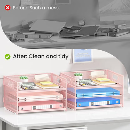 Subekyu 2-Pack 3-Tier Pink Metal Mesh Desk Paper Letter Tray & File Sorter - Image 2