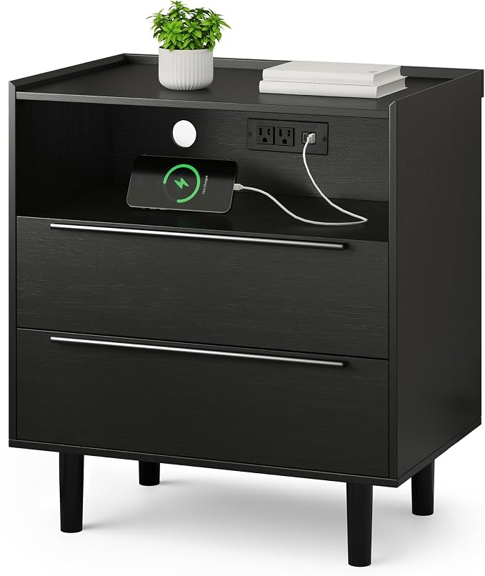 26" Tall Black Nightstand with Charging Station, 2 Drawer Contemporary Modern by RIHHA