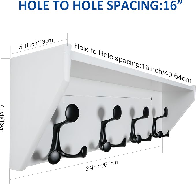 WEBI Wall Shelf with Hooks Underneath, 24” Long Wall Mounted Coat Rack with - Image 7