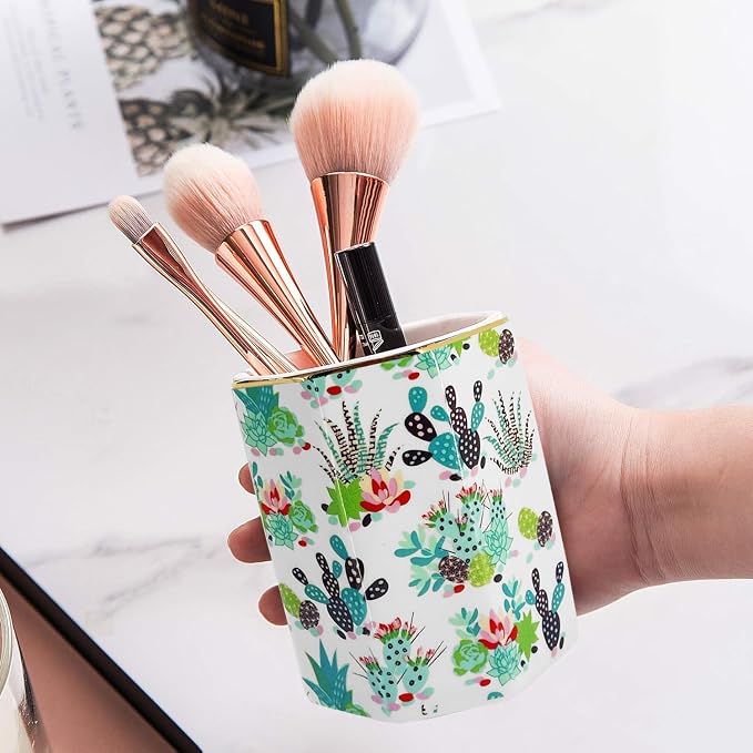 Pen Holder, Makeup Brush Holder Ceramic Shiny Gold Tropical Cactus Floral - Image 6