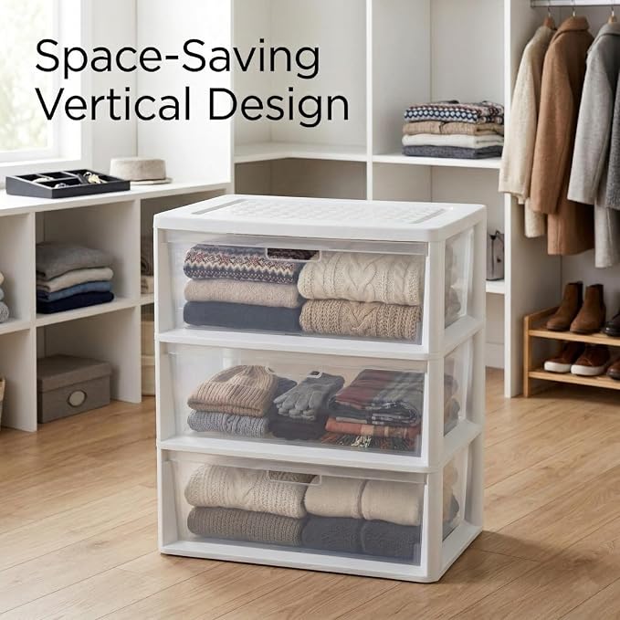 Wide 3-Drawer Plastic Storage Tower Organizer, 25.25" High, Drawer Stops & - Image 7