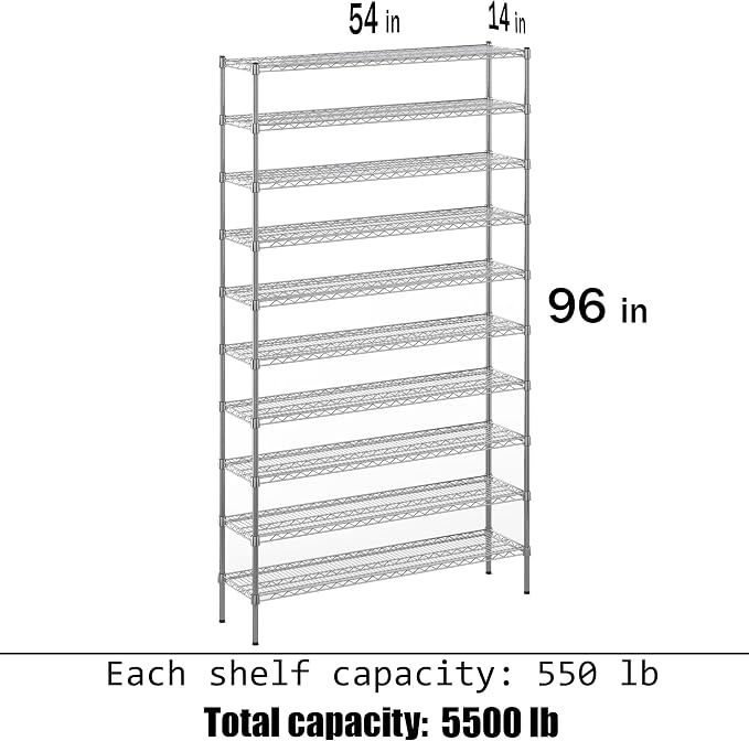 14" Deep x 54" Wide x 96" Height Wire Shelving Kit | 10-Tier | NSF Commercial - Image 3