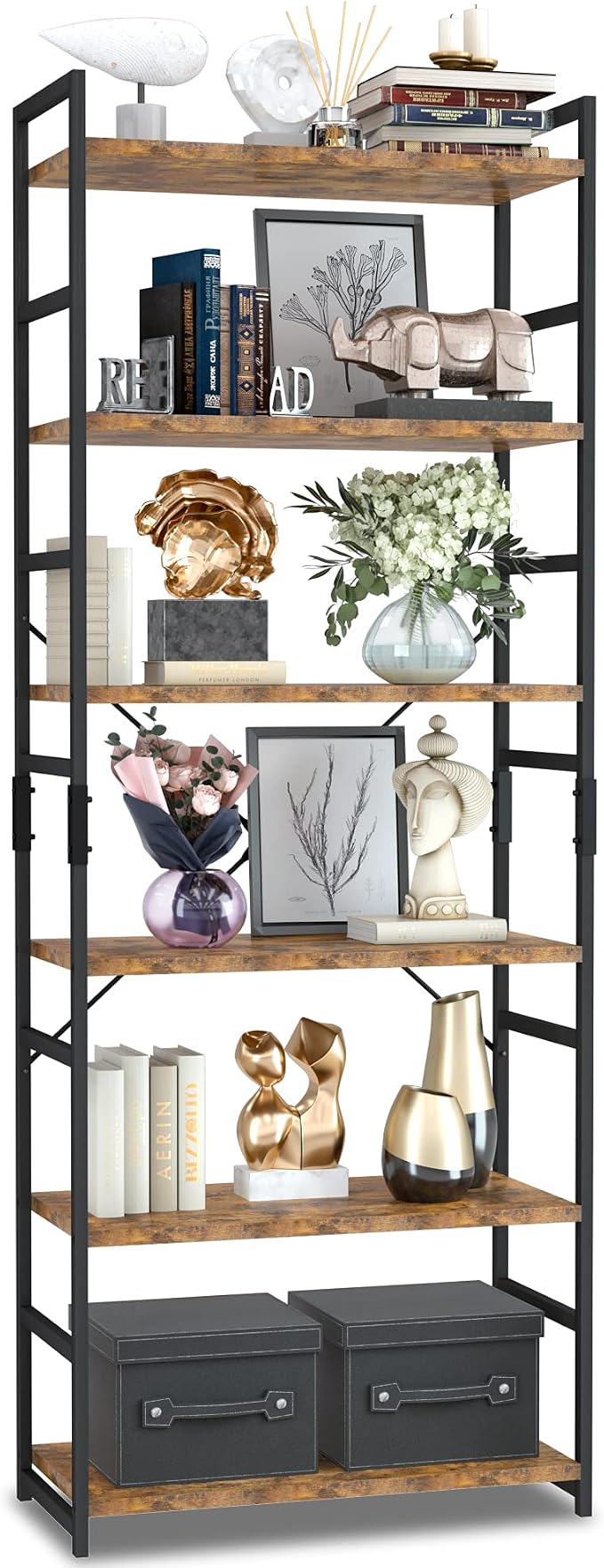 NUMENN 6 Tier Bookshelf, Tall Freestanding Open Storage Bookcase, Vintage | by NUMENN