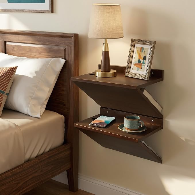 Floating Nightstands Set of 2, Wall Mounted Night Stand Walnut Wooden Bedside - Image 5
