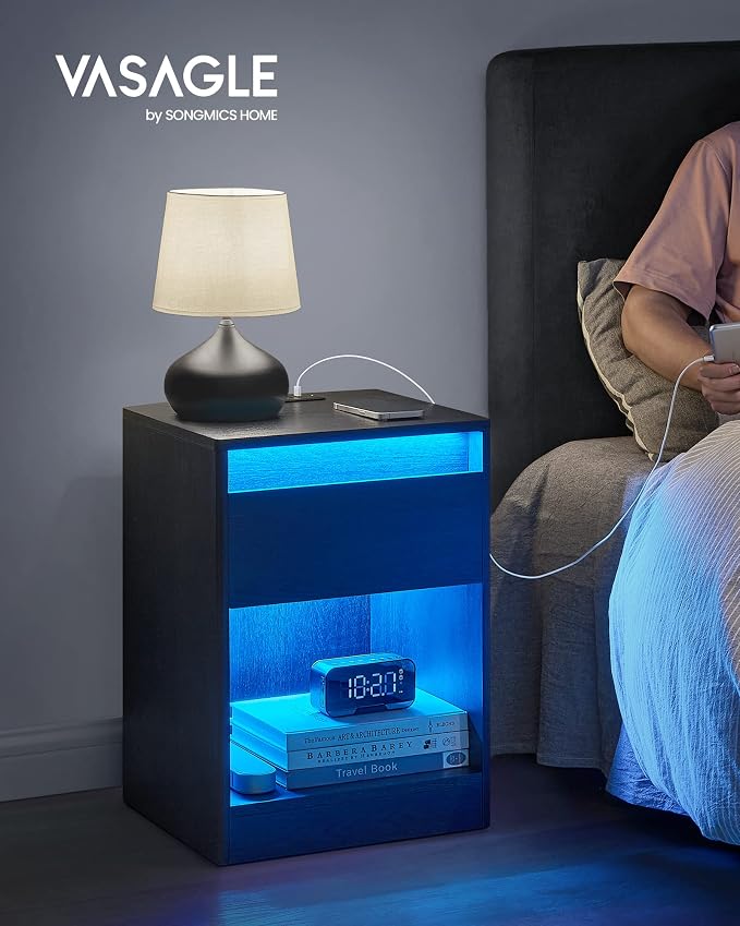 VASAGLE LED Nightstand with Charging Station, Adjustable Light Colors, 2 AC - Image 4