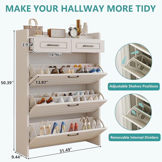 Shoe Cabinet with 3 Large Flip Drawers and 2 Storage Drawers, Narrow Shoe - Image 2