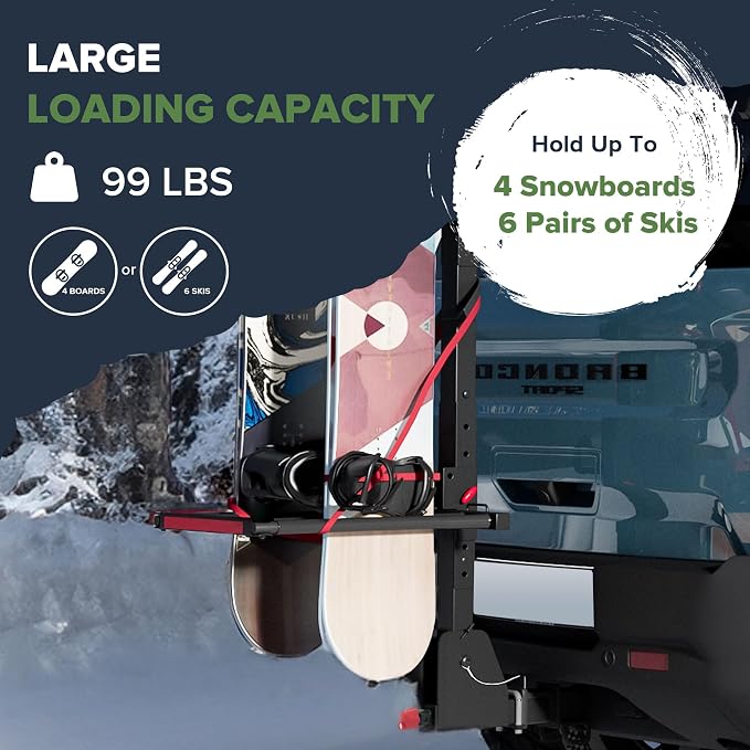 Arksen Folding Hitch-Mounted Ski/Snowboard Rack, Snowboard Mount Carries 6 Pair - Image 2