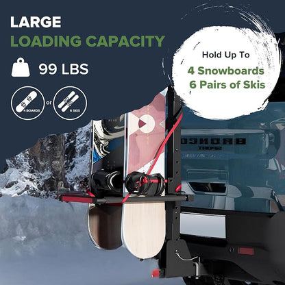 Arksen Folding Hitch-Mounted Ski/Snowboard Rack, Snowboard Mount Carries 6 Pair - Image 2