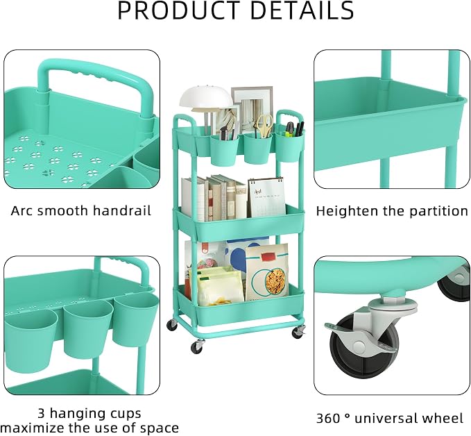 JIUYOTREE 3-Tier Plastic Rolling Storage Cart Utility Cart - Image 7