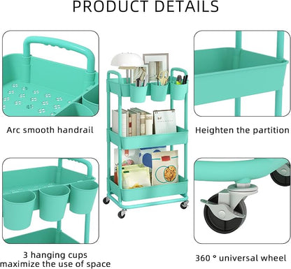 JIUYOTREE 3-Tier Plastic Rolling Storage Cart Utility Cart - Image 7