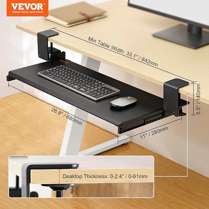 VEVOR Clamp on Keyboard Tray Under Desk, Desk Keyboard Tray Slide Out - Image 7