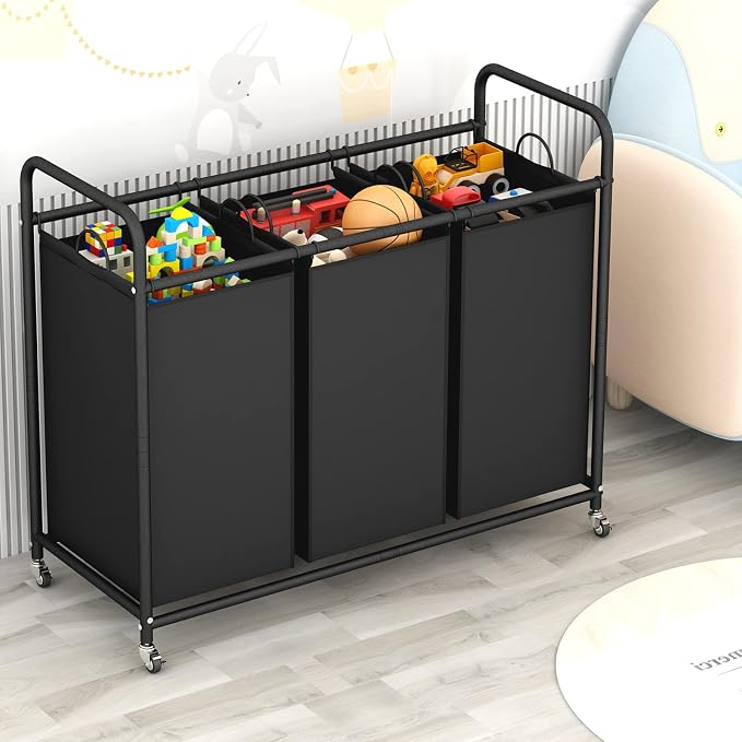 LINZINAR 3-Bag Laundry Basket Hamper Laundry Sorter Cart laundry room - Image 3