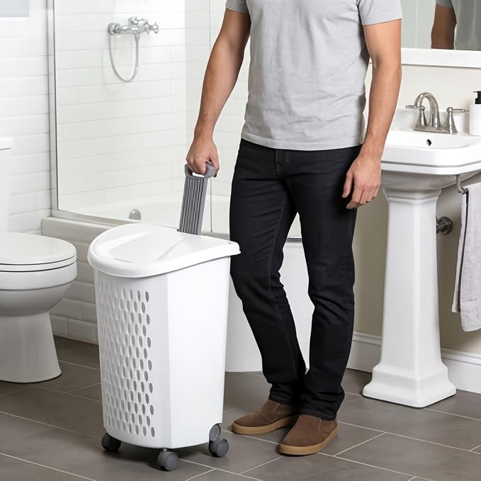 Wheeled Laundry Hamper with Retractable Handle, Plastic Rolling Laundry Basket - Image 5