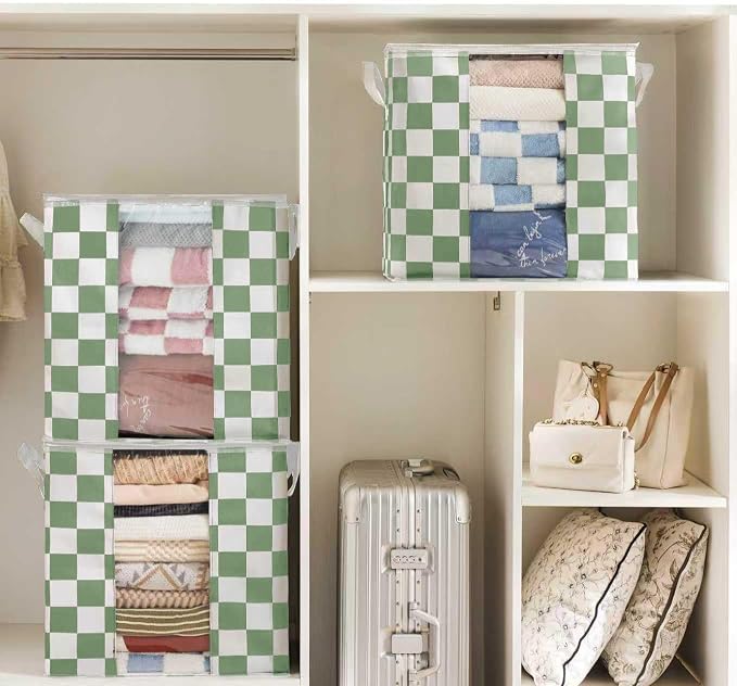 Green Checkered Clothes Storage Bins, 100L Large Blanket Storage Bags 3 Pack - Image 3