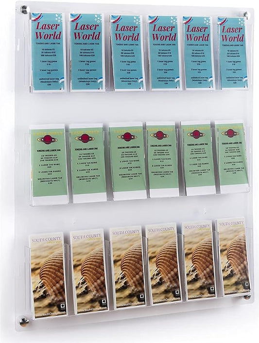 Displays2go 3-Tiered Clear Acrylic Magazine Rack, Adjustable, 9-18 Pockets by Displays2go