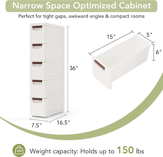 5 Drawers Narrow Bathroom Storage Cabinet, Slim Storage Cabinet, Plastic Slim - Image 2