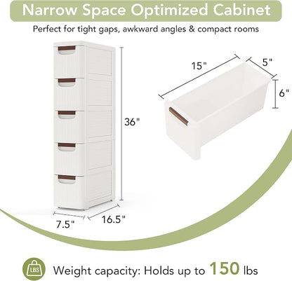 5 Drawers Narrow Bathroom Storage Cabinet, Slim Storage Cabinet, Plastic Slim - Image 2