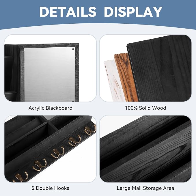 Key Holder Wall Mount, Mail Organizer Wall Mounted, Solid Wood Key Holder - Image 3