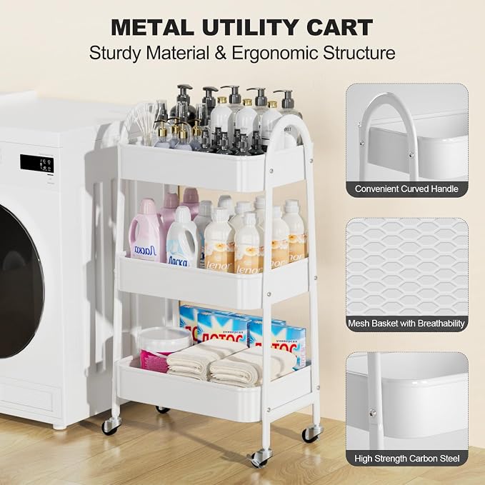 EAGMAK 3 Tier Rolling Cart Under Desk, Large Metal Storage Cart - Image 3