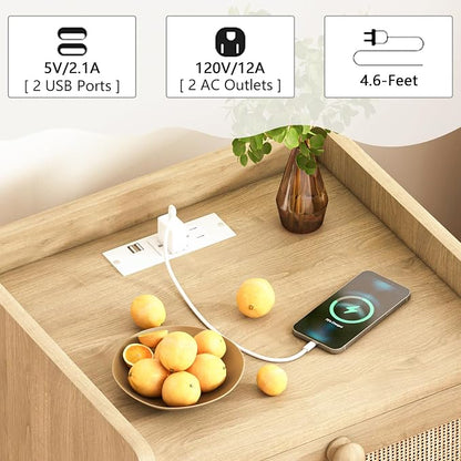 Rattan Nightstand with Charging Station Set of 2, Mid Century Modern Bedside - Image 5