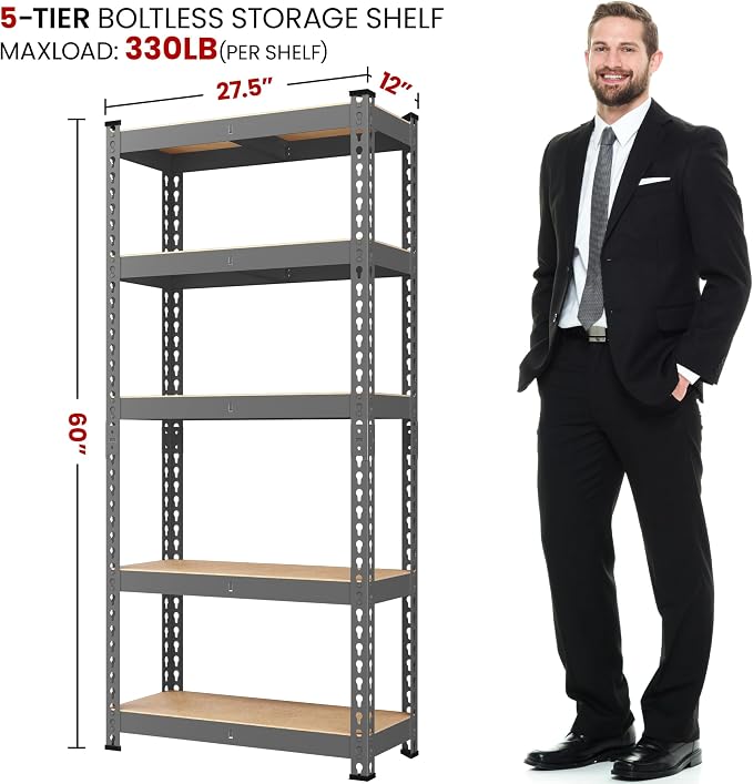 Yaheetech 5-Tier Heavy Duty Storage Shelves 28" W x 12" D x 60" H Dark Gray | - Image 3