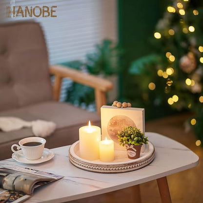 Hanobe Decorative Tray for Coffee Table: 10.5-Inch Round Whitewashed Wood Tray - Image 2