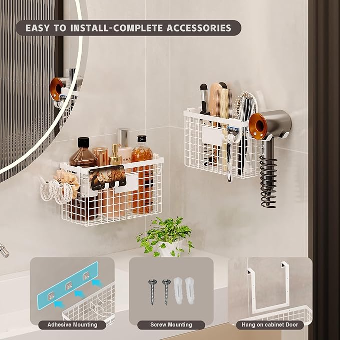 Hair Dryer Holder Cabinet Door 3-in-1 Adhesive Hair Tool Organizer Wall Mounted - Image 2