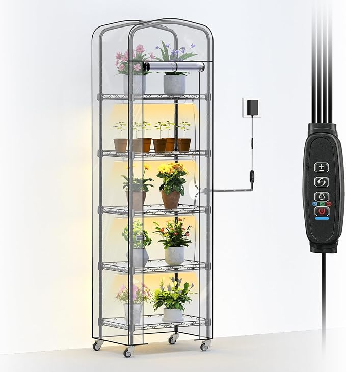 5-Tier Mini Greenhouse with Grow Light, Shelf Height Adjustable Metal Plant by Abimars