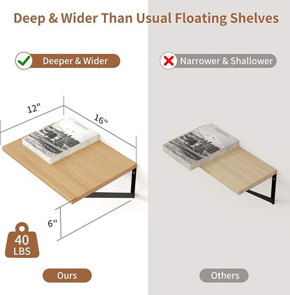 Axeman Deep Floating Shelves, 12 Inch Deep Rustic Oak Floating Wall Shelves Set - Image 3