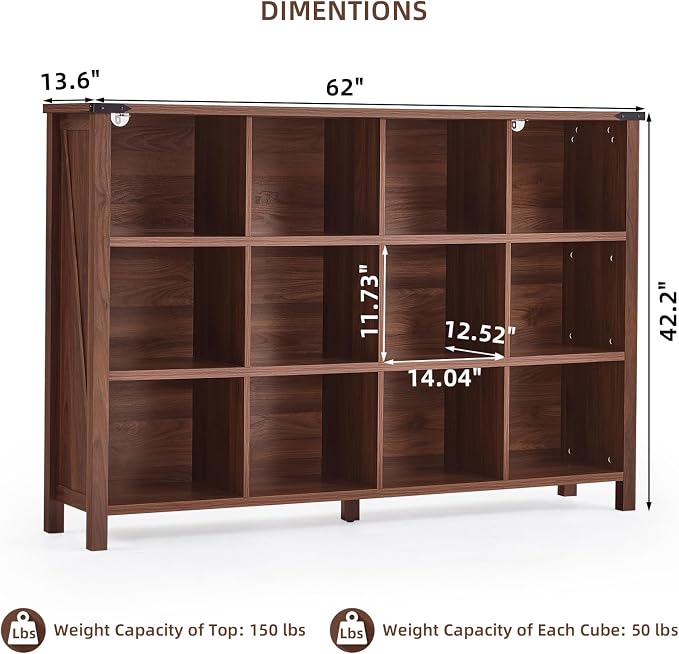Joaxswe 12 Cube Storage Organizer, Farmhouse 62 Inch Wide Brown Walnut Display - Image 2