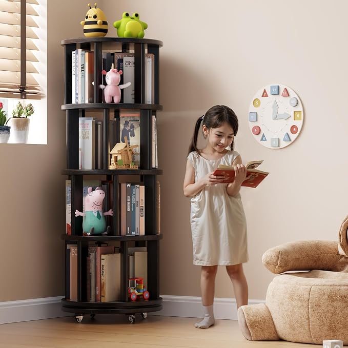Solid Wood Rotating Bookshelf on Wheels, 4 Tier, Round Revolving Bookcase - Image 3