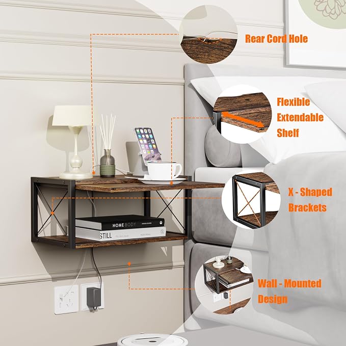2-Tier Floating Nightstand, Wall Mounted Bedside Table, Wood Bedside Shelf Wall - Image 4
