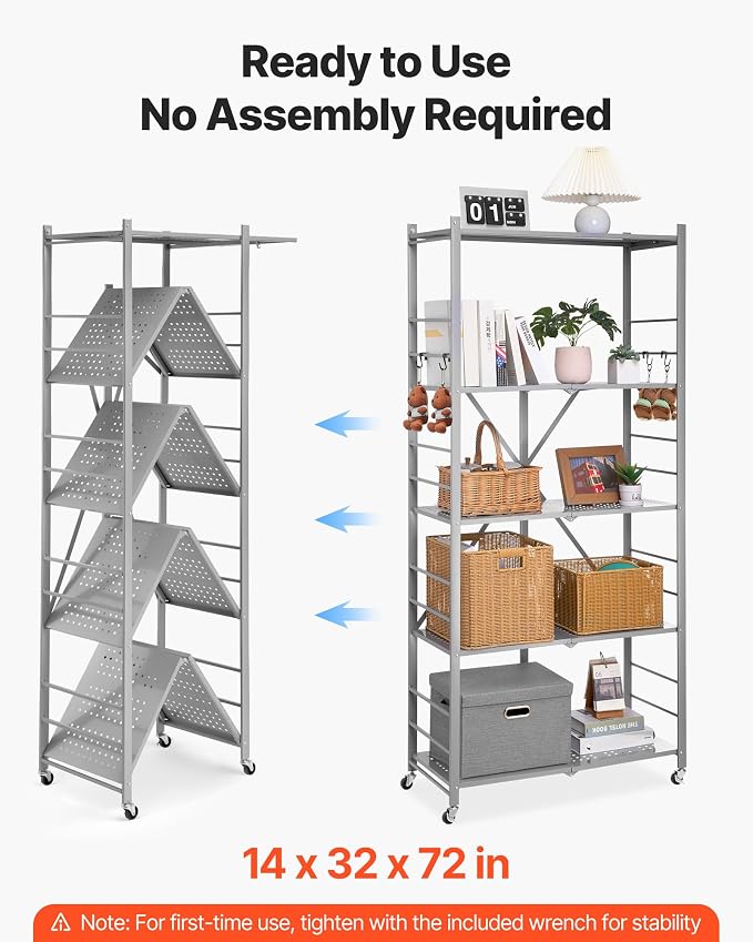 VEVOR 5-Tier Foldable Storage Shelf, 32W x 14D x 72H Inch Folding Metal Rack - Image 4