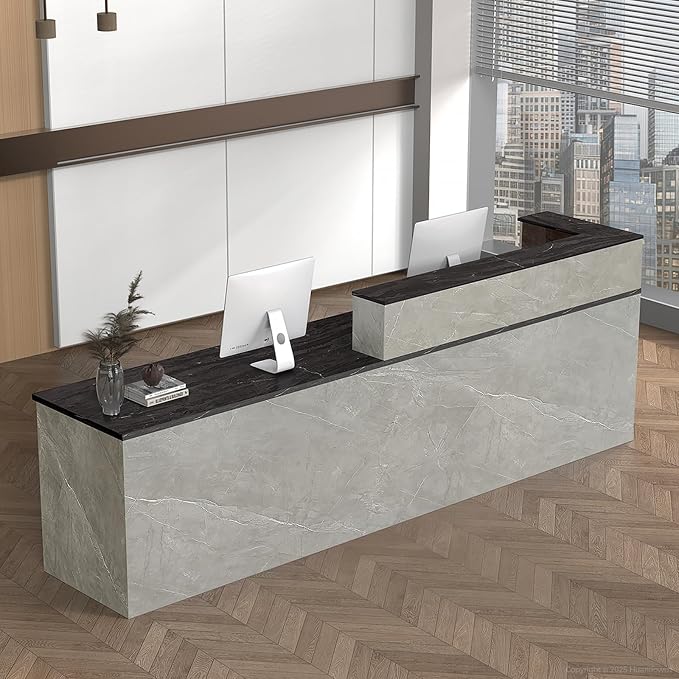 L Shape Reception Desk with Counter, Lockable Drawer, Keyboard Tray, and by Huariifowm
