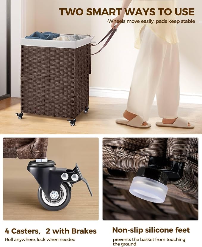 Greenstell Laundry Hamper with Wheels, No Install Needed, 90L Divided Handwoven - Image 4