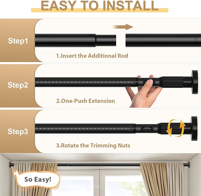 Black Tension Curtain Rod 41-126 In, Outdoor Curtain Rod | No Drilling - Image 6