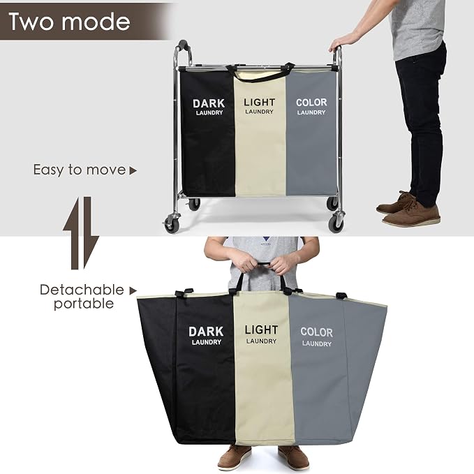 Laundry Basket with Wheels, 240l Laundry Hamper with 3 Section Laundry Bag - Image 5