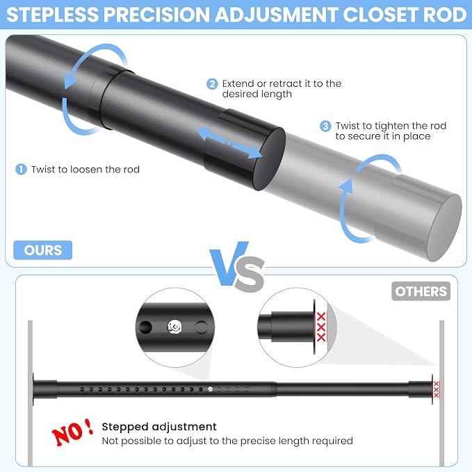 Closet Rods for Hanging Clothes, 17 to 99 Inch Stepless Adjustable Closet Rod - Image 2