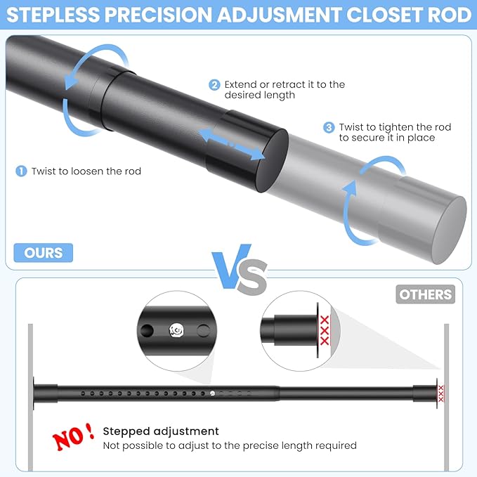 Closet Rods for Hanging Clothes, 17 to 39 Inch Stepless Adjustable Closet Rod - Image 2
