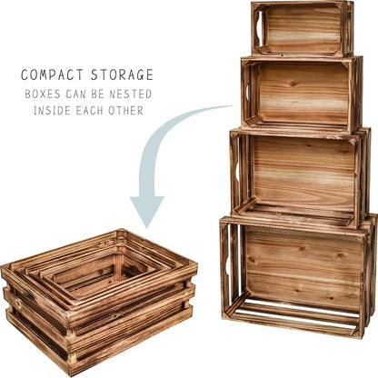 Set of 4 Large Torched Wood Decorative Storage Crates, Nesting Wooden Crates - Image 8