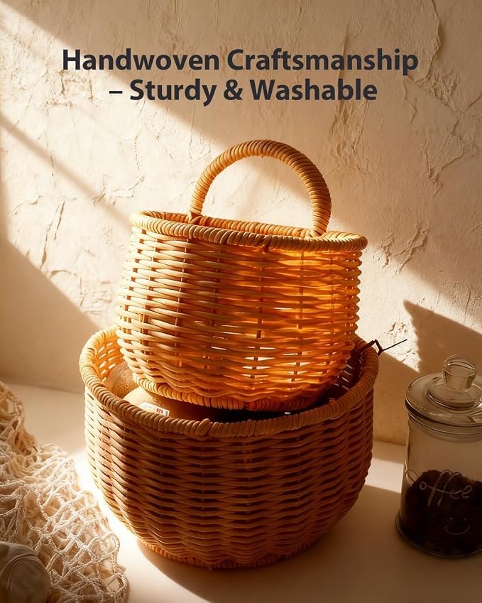 2 Pack Wall Hanging Rattan Baskets, Hand-Woven Storage Basket, Small Wall - Image 2