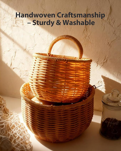 2 Pack Wall Hanging Rattan Baskets, Hand-Woven Storage Basket, Small Wall - Image 2