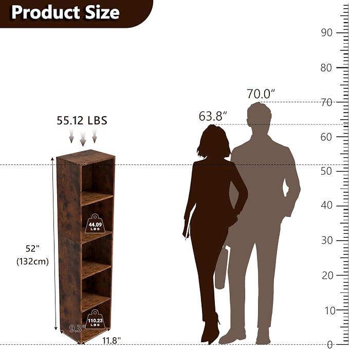 5-Tier Wooden Cube Storage Organizer, 52 Inch Tall Bookcase & Display Shelf - Image 3