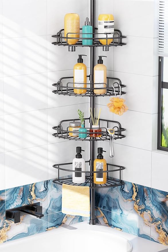 HAMITOR Shower Caddy Tension Pole: 4-Tier Rustproof Bathroom Corner Shelf by HAMITOR